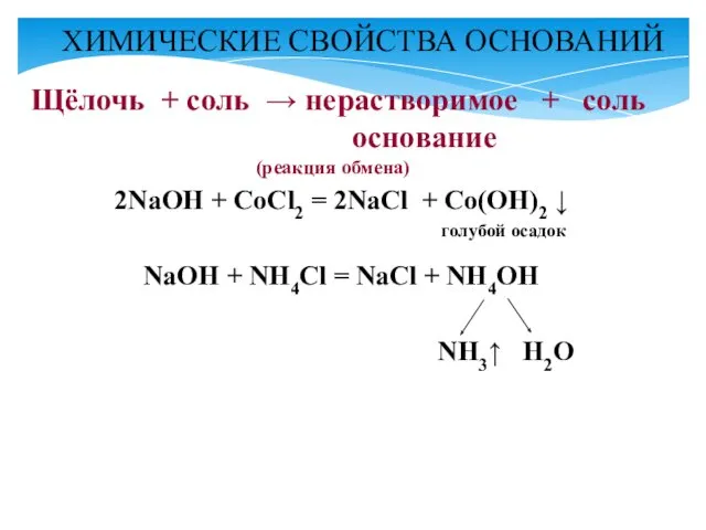 2NaOH + CoCl2 = 2NaCl + Co(OH)2 ↓ голубой осадок NaOH + NH4Cl