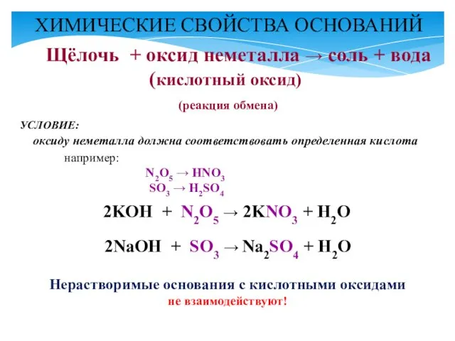 Щёлочь + оксид неметалла → соль + вода (кислотный оксид) (реакция обмена) УСЛОВИЕ: