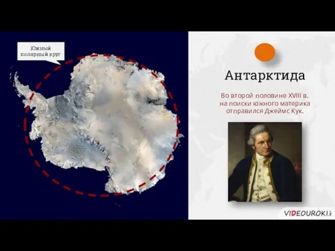 Антарктида Во второй половине XVIII в. на поиски южного материка отправился Джеймс Кук. Южный полярный круг
