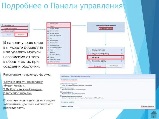 Подробнее о Панели управления: В панели управления вы можете добавлять