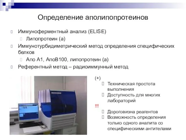 Определение аполипопротеинов Иммуноферментный анализ (ELISE) Липопротеин (а) Иммунотурбидиметрический метод определения