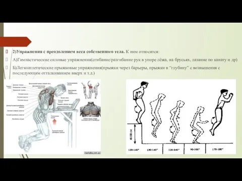 2)Упражнения с преодолением веса собственного тела. К ним относятся: А)Гимнастические