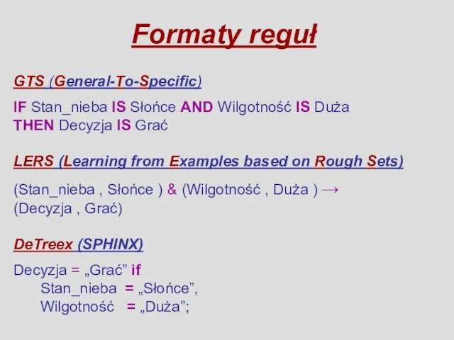 Formaty reguł GTS (General-To-Specific) IF Stan_nieba IS Słońce AND Wilgotność