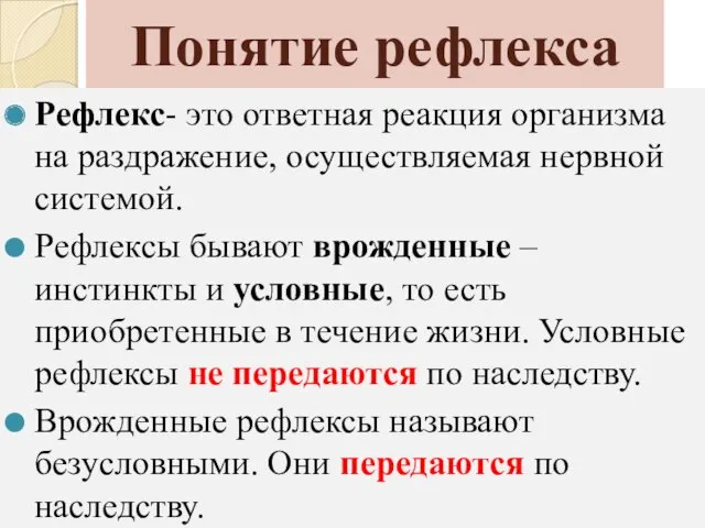 Понятие рефлекса Рефлекс- это ответная реакция организма на раздражение, осуществляемая