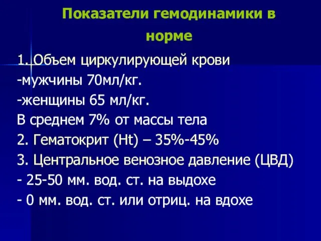 Показатели гемодинамики в норме 1. Объем циркулирующей крови -мужчины 70мл/кг.