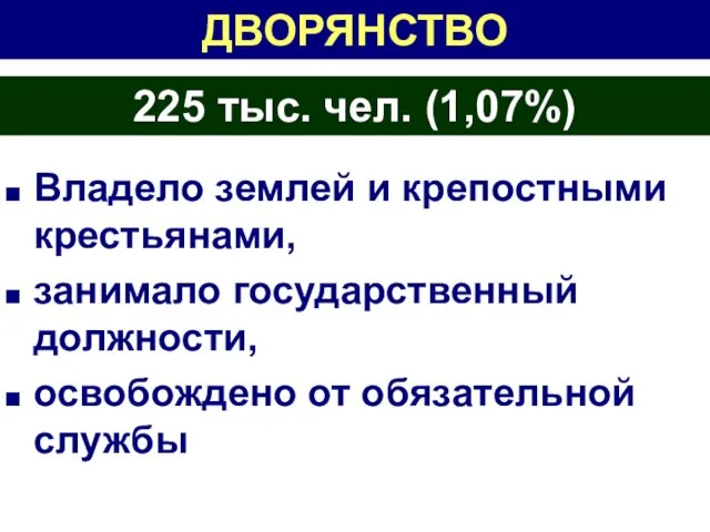 ДВОРЯНСТВО Владело землей и крепостными крестьянами, занимало государственный должности, освобождено