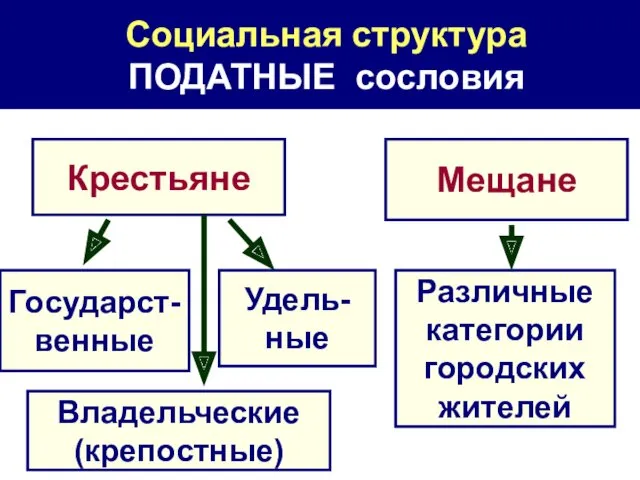 Социальная структура ПОДАТНЫЕ сословия Крестьяне Мещане Удель- ные Государст- венные Владельческие (крепостные) Различные категории городских жителей