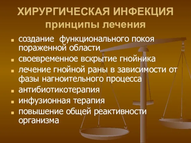 ХИРУРГИЧЕСКАЯ ИНФЕКЦИЯ принципы лечения создание функционального покоя пораженной области своевременное