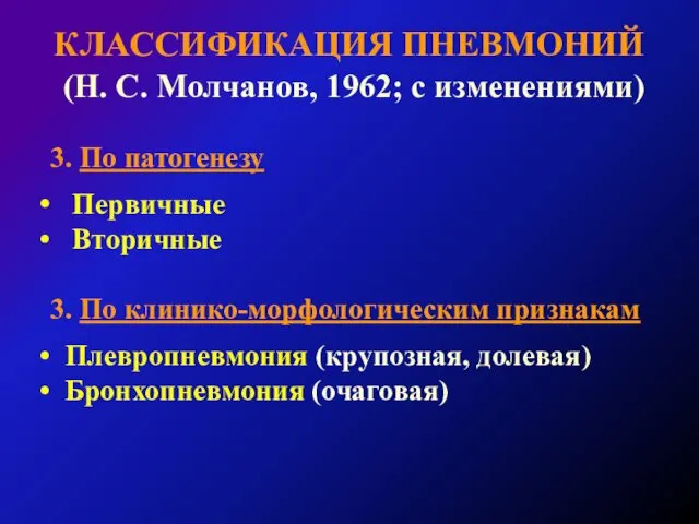 КЛАССИФИКАЦИЯ ПНЕВМОНИЙ (Н. С. Молчанов, 1962; с изменениями) 3. По