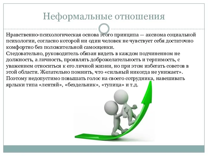 Неформальные отношения Нравственно-психологическая основа этого принципа — аксиома социальной психологии,