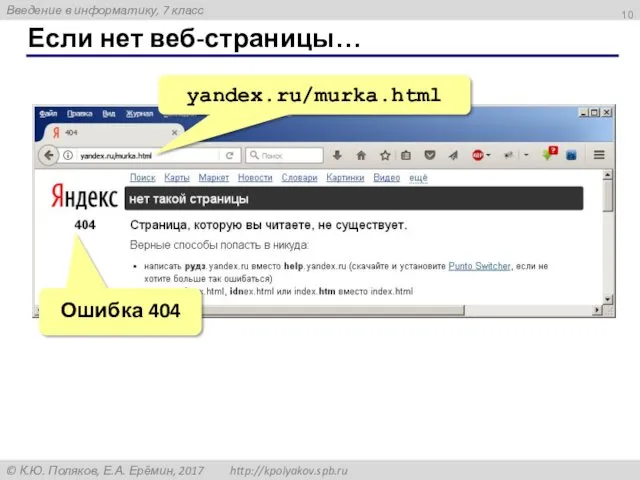 Если нет веб-страницы… yandex.ru/murka.html Ошибка 404