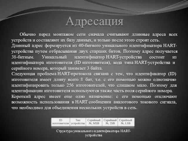 Адресация Обычно перед монтажом сети сначала считывают длинные адреса всех