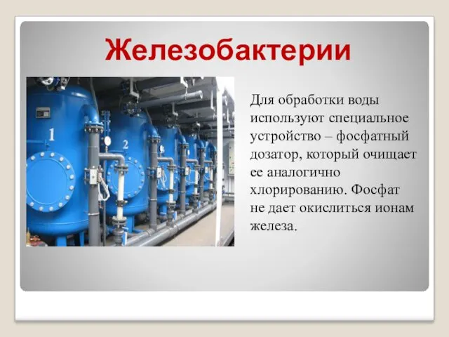 Железобактерии Для обработки воды используют специальное устройство – фосфатный дозатор,