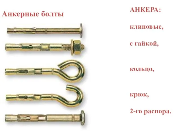 Анкерные болты АНКЕРА: клиновые, с гайкой, кольцо, крюк, 2-го распора.