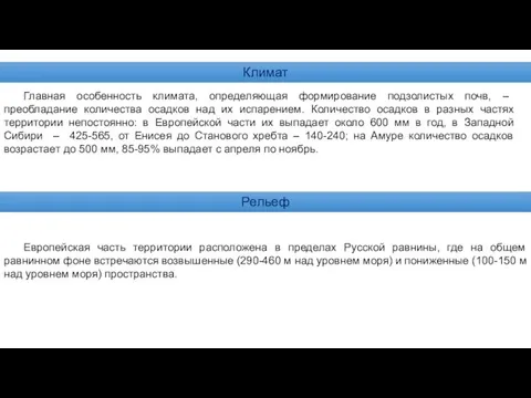 Климат Рельеф Главная особенность климата, определяющая формирование подзолистых почв, –