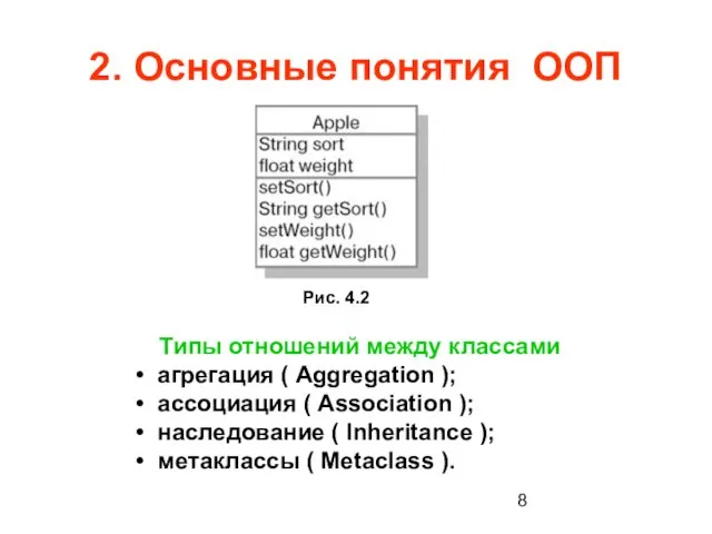 2. Основные понятия ООП Типы отношений между классами агрегация (