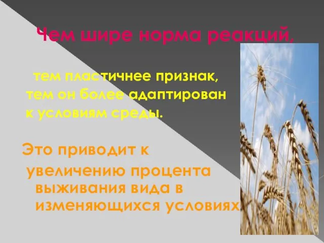 Чем шире норма реакций, тем пластичнее признак, тем он более адаптирован к условиям