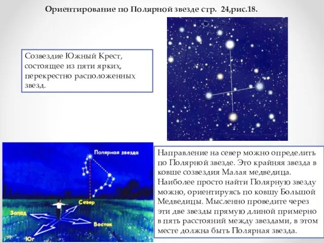 Ориентирование по Полярной звезде стр. 24,рис.18. Направление на север можно определить по Полярной