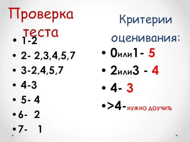 Проверка теста 1-2 2- 2,3,4,5,7 3-2,4,5,7 4-3 5- 4 6- 2 7- 1