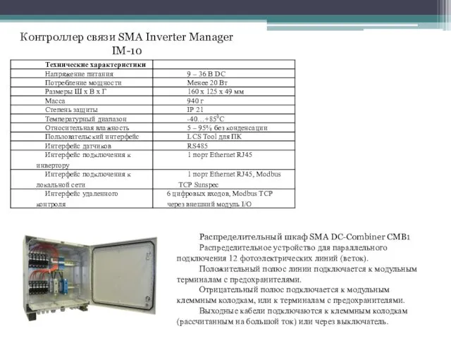 Контроллер связи SMA Inverter Manager IM-10 Распределительный шкаф SMA DC-Combiner