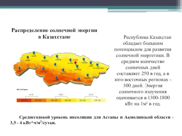 Распределение солнечной энергии в Казахстане Республика Казахстан обладает большим потенциалом