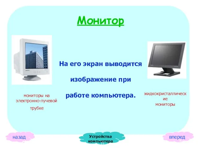 мониторы на электронно-лучевой трубке Монитор назад вперед Устройства компьютера На