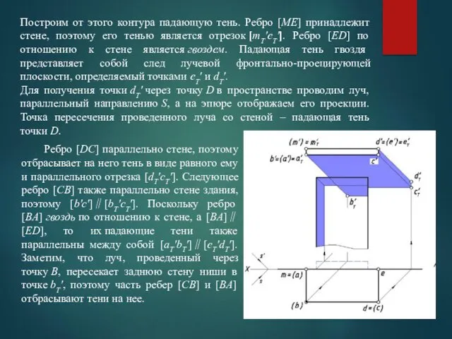 Построим от этого контура падающую тень. Ребро [ME] принадлежит стене,