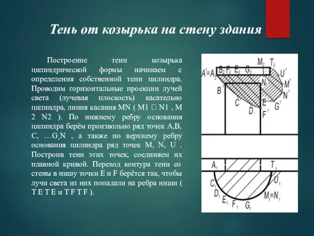 Построение тени козырька цилиндрической формы начинаем с определения собственной тени