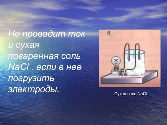 Не проводит ток и сухая поваренная соль NaCl , если в нее погрузить электроды.