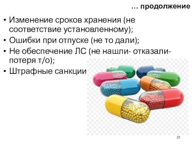 Изменение сроков хранения (не соответствие установленному); Ошибки при отпуске (не то дали); Не