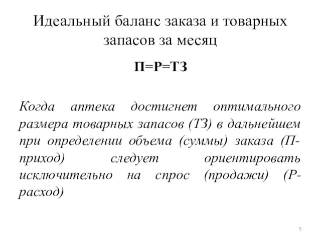 Идеальный баланс заказа и товарных запасов за месяц П=Р=ТЗ Когда