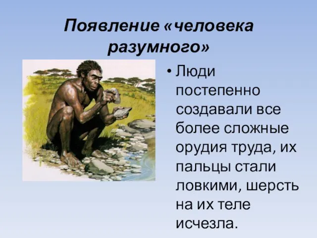 Появление «человека разумного» Люди постепенно создавали все более сложные орудия