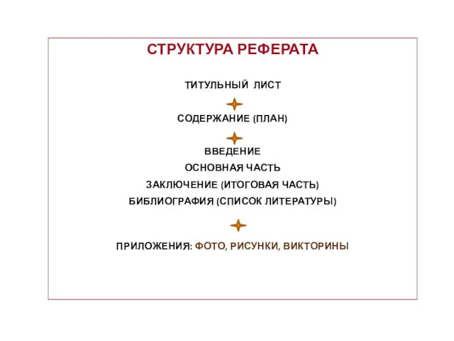 СТРУКТУРА РЕФЕРАТА ТИТУЛЬНЫЙ ЛИСТ СОДЕРЖАНИЕ (ПЛАН) ВВЕДЕНИЕ ОСНОВНАЯ ЧАСТЬ ЗАКЛЮЧЕНИЕ