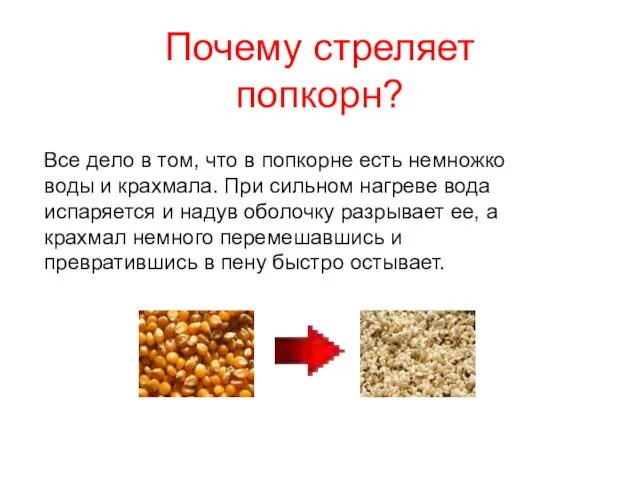 Почему стреляет попкорн? Все дело в том, что в попкорне есть немножко воды