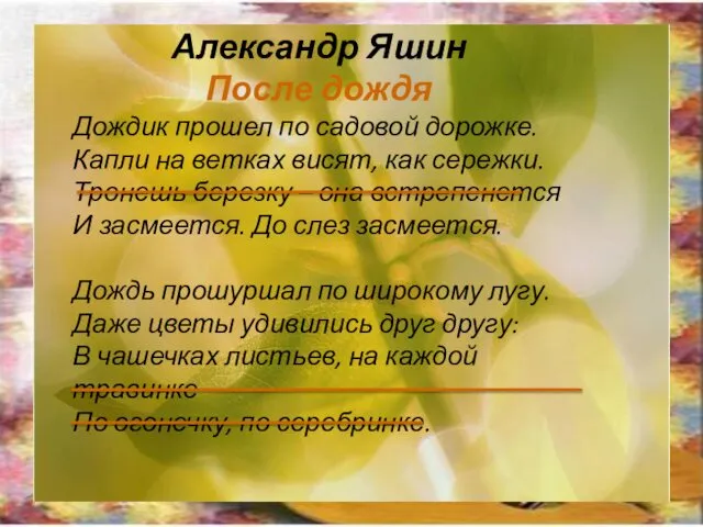 Александр Яшин После дождя Дождик прошел по садовой дорожке. Капли