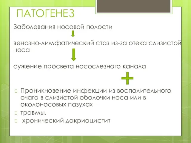 ПАТОГЕНЕЗ Заболевания носовой полости венозно-лимфатический стаз из-за отека слизистой носа сужение просвета носослезного