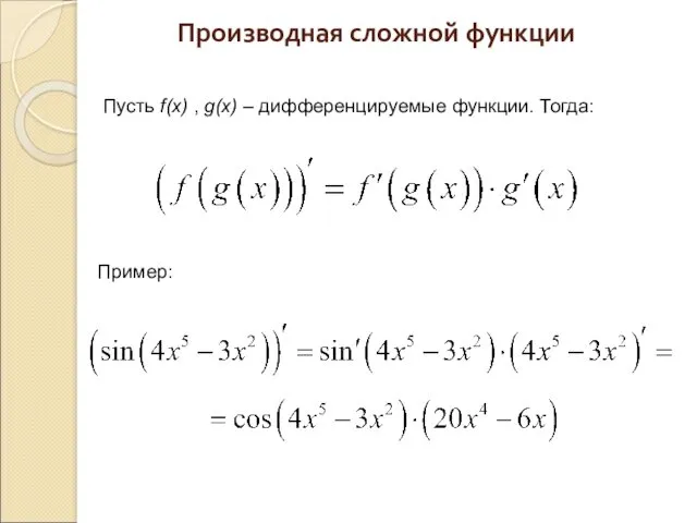 Производная сложной функции Пусть f(x) , g(x) – дифференцируемые функции. Тогда: Пример: