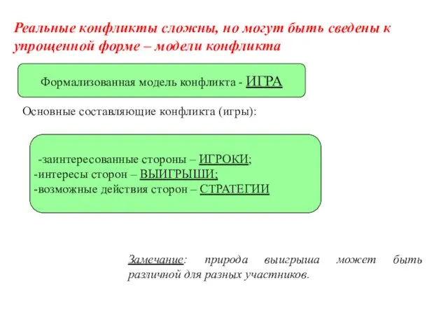 Реальные конфликты сложны, но могут быть сведены к упрощенной форме