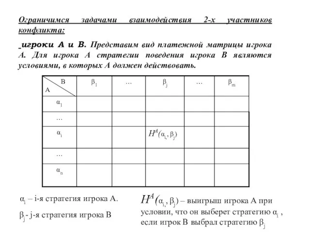 Ограничимся задачами взаимодействия 2-х участников конфликта: игроки A и B.