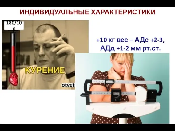 ИНДИВИДУАЛЬНЫЕ ХАРАКТЕРИСТИКИ 180/100 +10 кг вес – АДс +2-3, АДд +1-2 мм рт.ст.