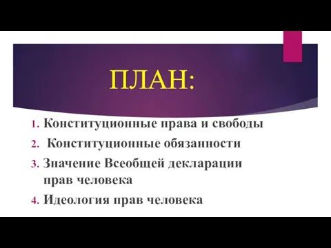 ПЛАН: Конституционные права и свободы Конституционные обязанности Значение Всеобщей декларации прав человека Идеология прав человека