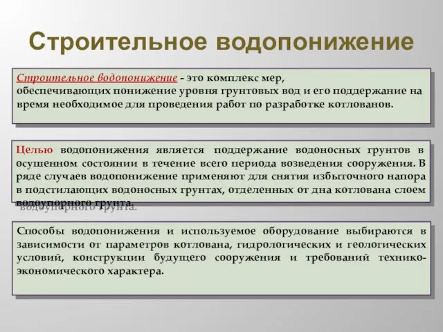 Строительное водопонижение Строительное водопонижение - это комплекс мер, обеспечивающих понижение