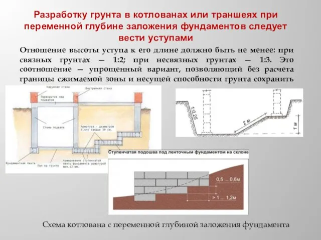 Разработку грунта в котлованах или траншеях при переменной глубине заложения