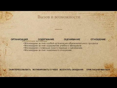 Вызов и возможности Отсутствие мотивации Мотивируем за счет особой организации