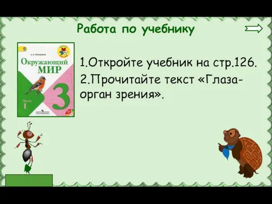 Работа по учебнику 1.Откройте учебник на стр.126. 2.Прочитайте текст «Глаза-орган зрения».