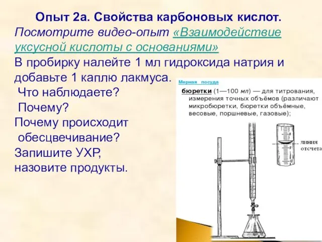 Опыт 2а. Свойства карбоновых кислот. Посмотрите видео-опыт «Взаимодействие уксусной кислоты