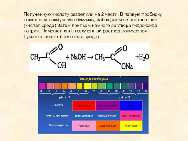 Полученную кислоту разделили на 2 части. В первую пробирку поместили