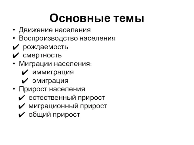 Основные темы Движение населения Воспроизводство населения рождаемость смертность Миграции населения: