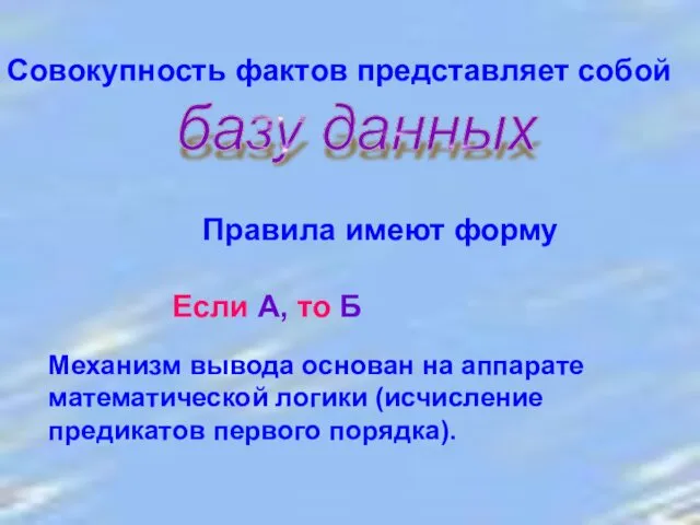 Совокупность фактов представляет собой базу данных Правила имеют форму Если