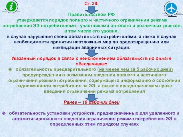 Ст. 38: Правительством РФ утверждается порядок полного и частичного ограничения режима потребления ЭЭ